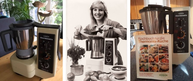 Wie auf dem Archivbild in der Mitte, ist der Thermomix ® TM 3300 noch in vielen Küchen im Einsatz. Bei Anja Wacker bereitet der Küchenhelfer die Zutaten für den leckeren Nusskuchen aus dem passenden Kochbuch zu (r.). Und bei Rita Bettina Schönichen aus Bergisch Gladbach kommen noch heute ihre vier Kinder zum Mixen nach Hause zurück.