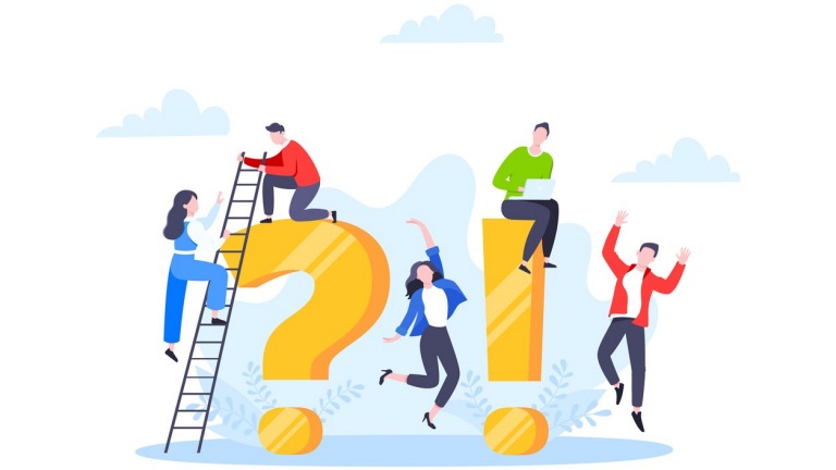 Q and A or FAQ concept with tiny people characters, big question and exclamation mark, frequently asked questions template. Answers business support concept flat style design vector illustration.