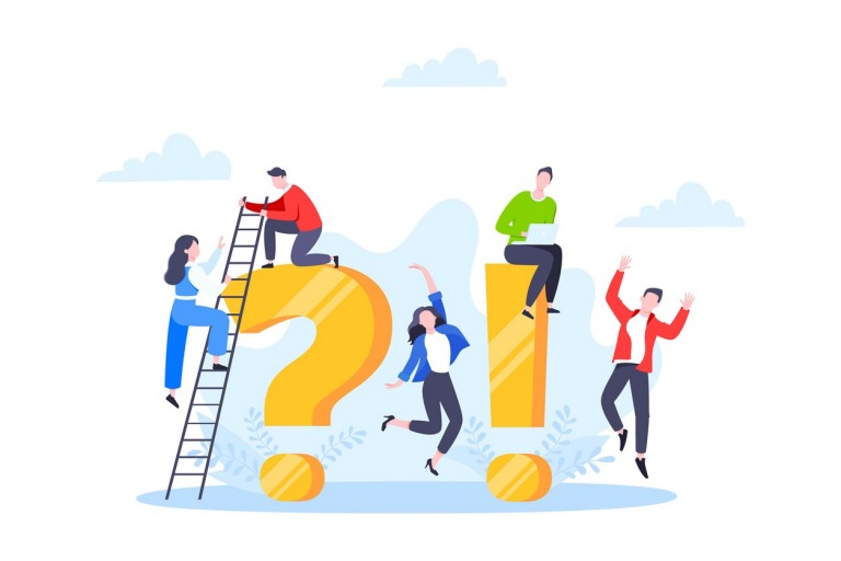 Q and A or FAQ concept with tiny people characters, big question and exclamation mark, frequently asked questions template. Answers business support concept flat style design vector illustration.