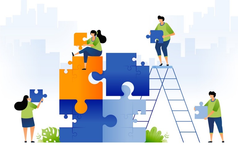illustration design of teamwork, brainstorming and problem solving. people collaborate to solve puzzles in large puzzles. game in game. can be used for web, website, posters, apps, brochures