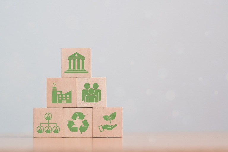 ESG concept of environmental, social and governance. Sustainable and ethical business. "ESG" surrounding with ESG icon on beautiful white background. Copy space